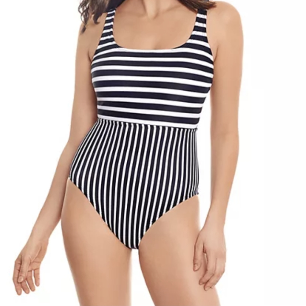 ECO BEACH one piece swimsuit, Black, white, and gray stripes, Size Large